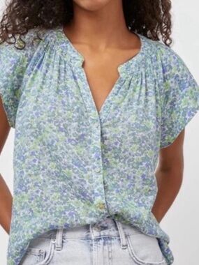 Rails Alena Linen Blend Blue Green Wildflower Cap Sleeve Blouse, Size Medium